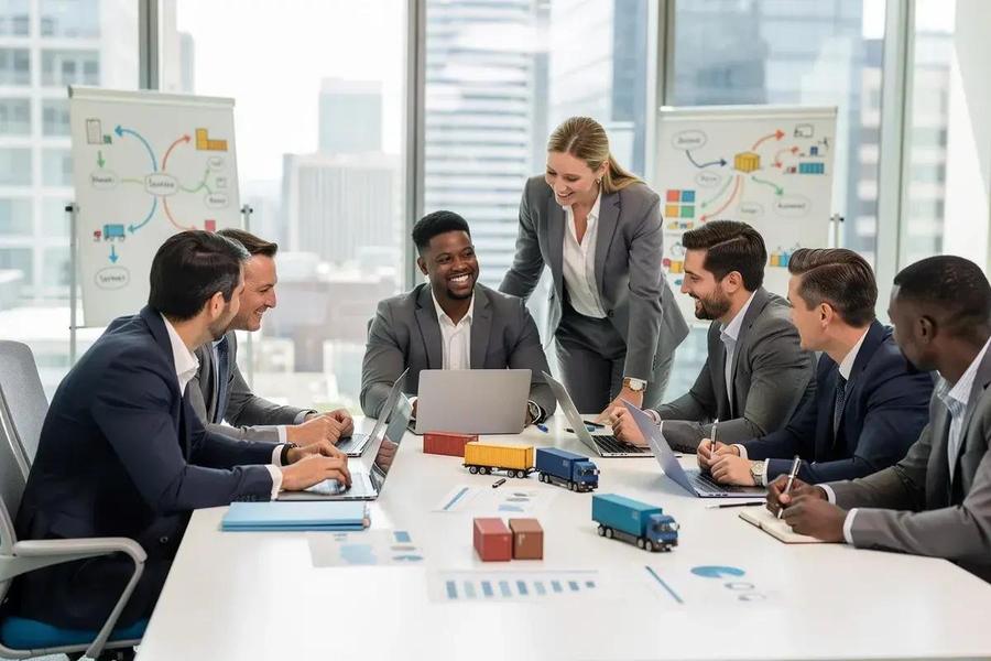 Business team around a meeting table planning logistics with model trucks