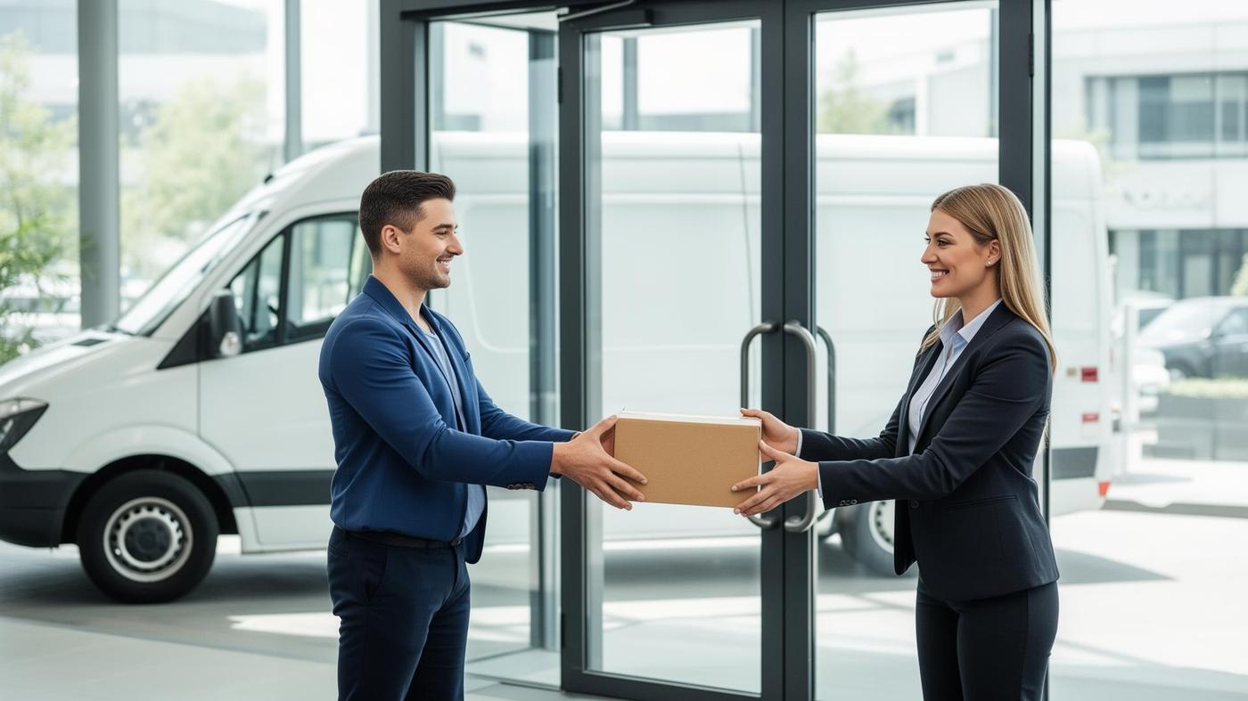 Two professionals handing over a parcel beside a white delivery van