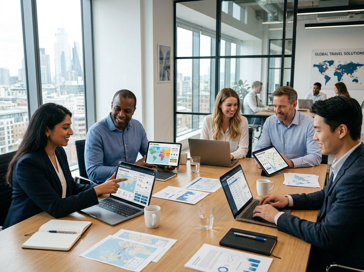 Travel planners reviewing itineraries on laptops in a bright office