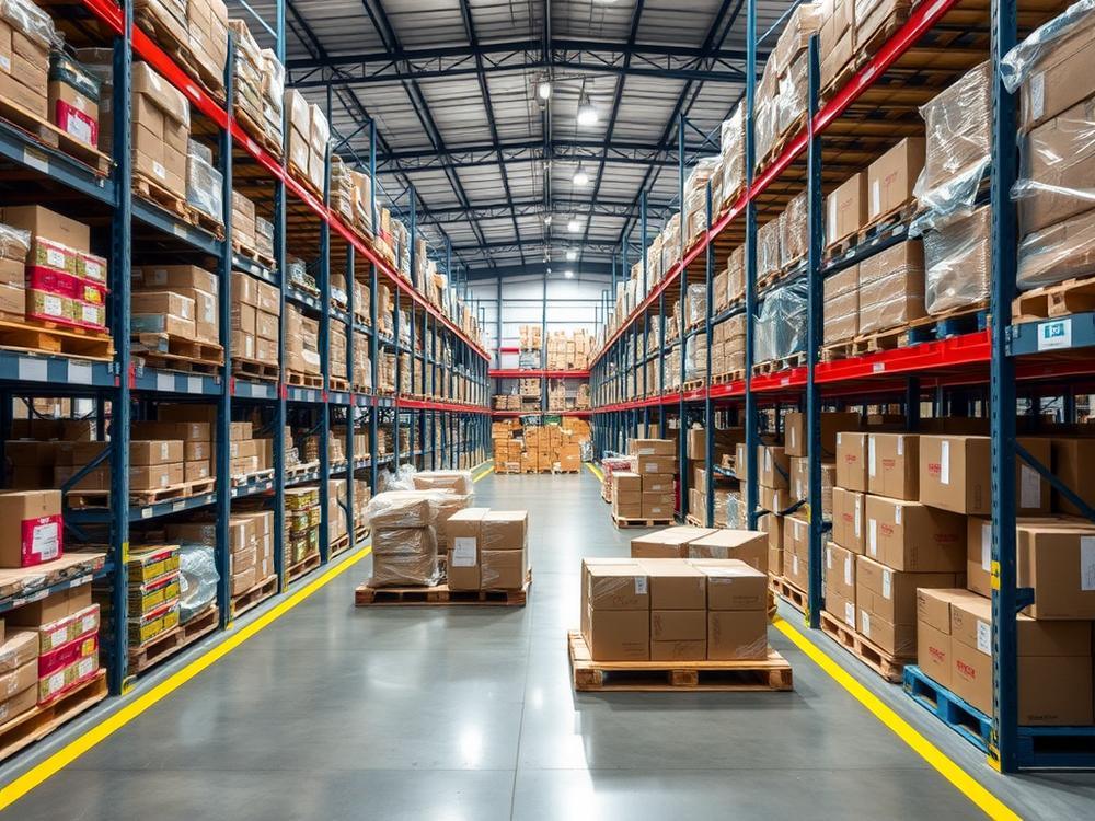 Warehouse aisle lined with racking and packed pallets